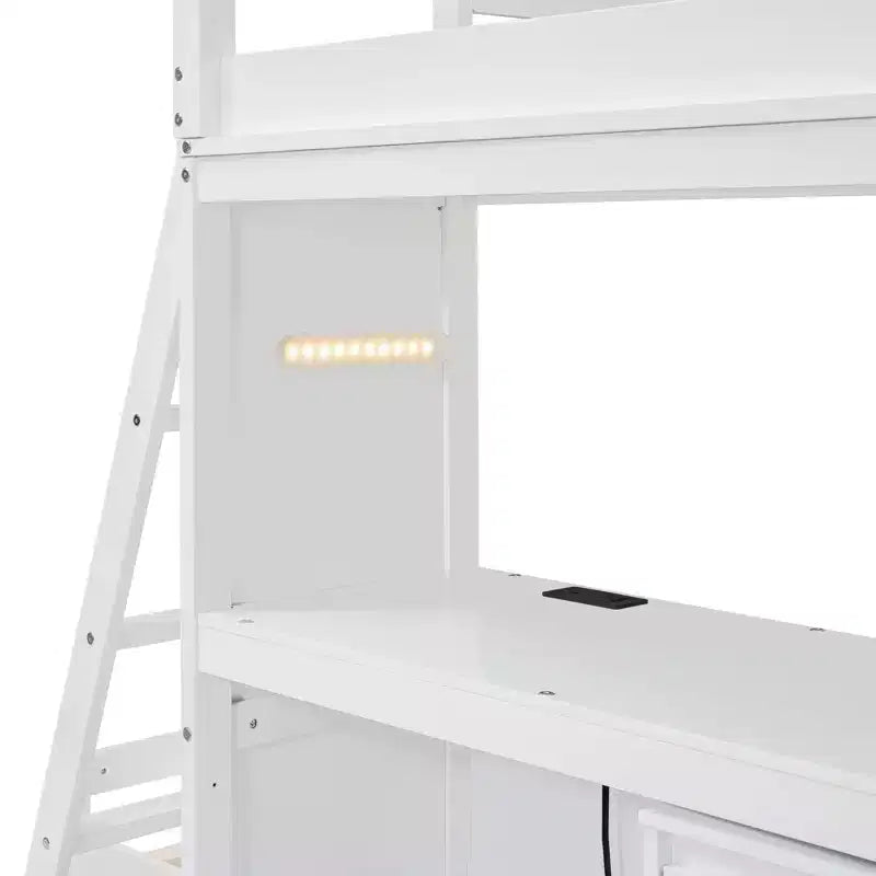 Twin over Twin Separable Bunk Beds with Desk and Drawers, Wood L-Shape Bunk Bed Frame with USB Ports and LED Ligh for Kids Teens