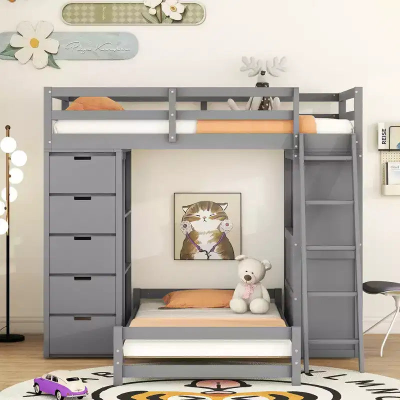 Twin over Twin Separable Bunk Beds with Desk and Drawers, Wood L-Shape Bunk Bed Frame with USB Ports and LED Ligh for Kids Teens