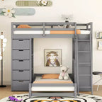 Twin over Twin Separable Bunk Beds with Desk and Drawers, Wood L-Shape Bunk Bed Frame with USB Ports and LED Ligh for Kids Teens