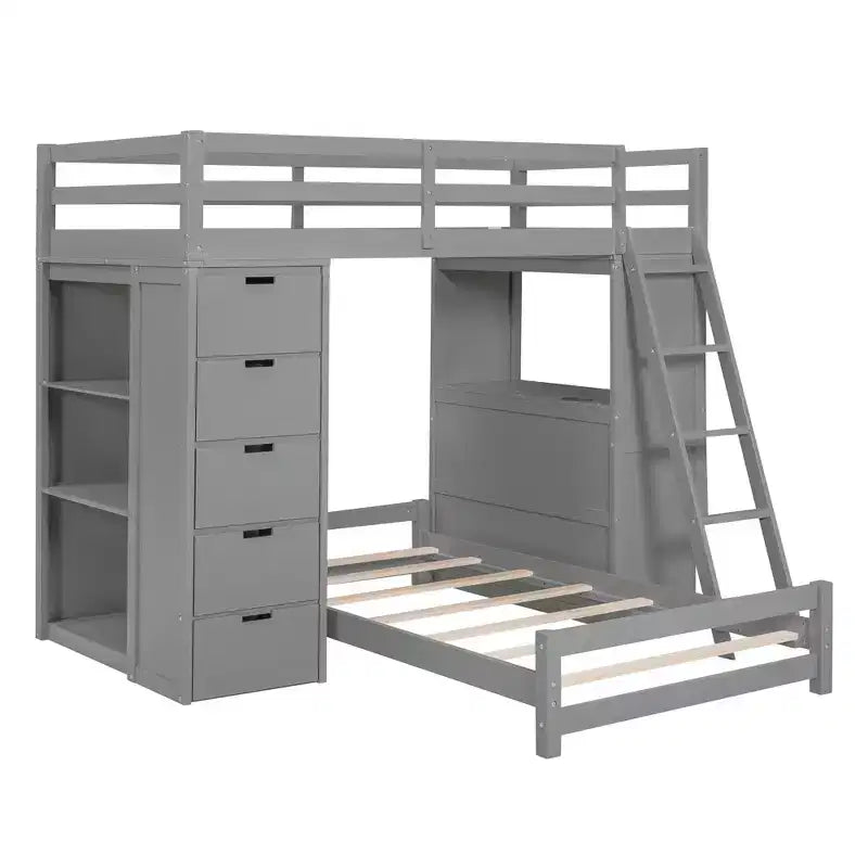 Twin over Twin Separable Bunk Beds with Desk and Drawers, Wood L-Shape Bunk Bed Frame with USB Ports and LED Ligh for Kids Teens