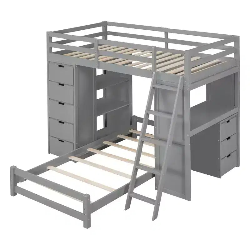 Twin over Twin Separable Bunk Beds with Desk and Drawers, Wood L-Shape Bunk Bed Frame with USB Ports and LED Ligh for Kids Teens