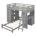 Twin over Twin Separable Bunk Beds with Desk and Drawers, Wood L-Shape Bunk Bed Frame with USB Ports and LED Ligh for Kids Teens