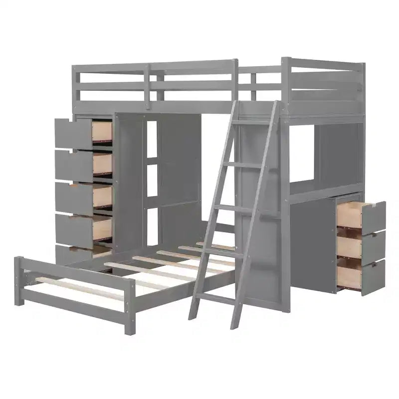 Twin over Twin Separable Bunk Beds with Desk and Drawers, Wood L-Shape Bunk Bed Frame with USB Ports and LED Ligh for Kids Teens