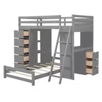 Twin over Twin Separable Bunk Beds with Desk and Drawers, Wood L-Shape Bunk Bed Frame with USB Ports and LED Ligh for Kids Teens