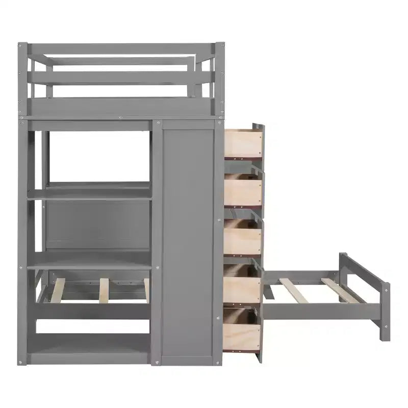 Twin over Twin Separable Bunk Beds with Desk and Drawers, Wood L-Shape Bunk Bed Frame with USB Ports and LED Ligh for Kids Teens