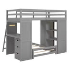 Twin over Twin Separable Bunk Beds with Desk and Drawers, Wood L-Shape Bunk Bed Frame with USB Ports and LED Ligh for Kids Teens