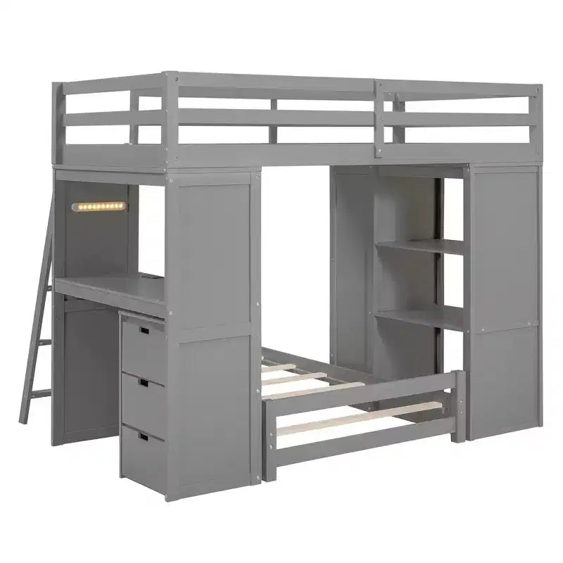 Twin over Twin Separable Bunk Beds with Desk and Drawers, Wood L-Shape Bunk Bed Frame with USB Ports and LED Ligh for Kids Teens