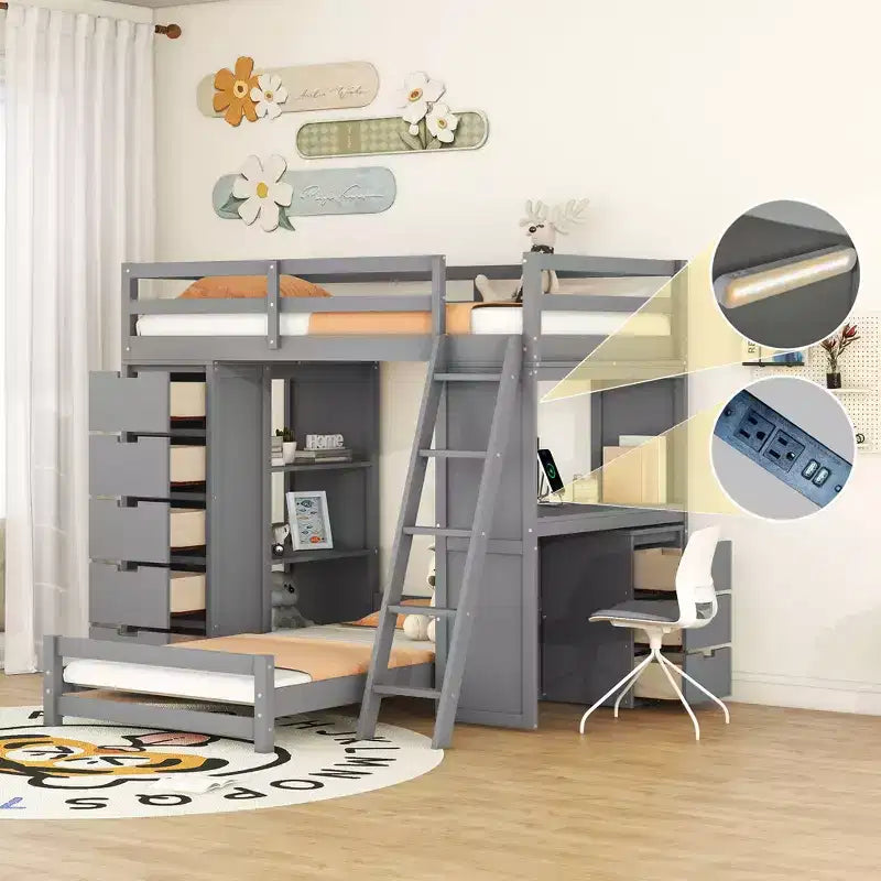 Twin over Twin Separable Bunk Beds with Desk and Drawers, Wood L-Shape Bunk Bed Frame with USB Ports and LED Ligh for Kids Teens