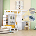 Twin over Twin Separable Bunk Beds with Desk and Drawers, Wood L-Shape Bunk Bed Frame with USB Ports and LED Ligh for Kids Teens
