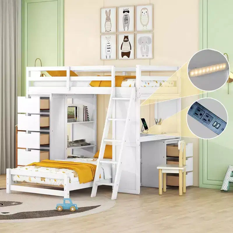 Twin over Twin Separable Bunk Beds with Desk and Drawers, Wood L-Shape Bunk Bed Frame with USB Ports and LED Ligh for Kids Teens