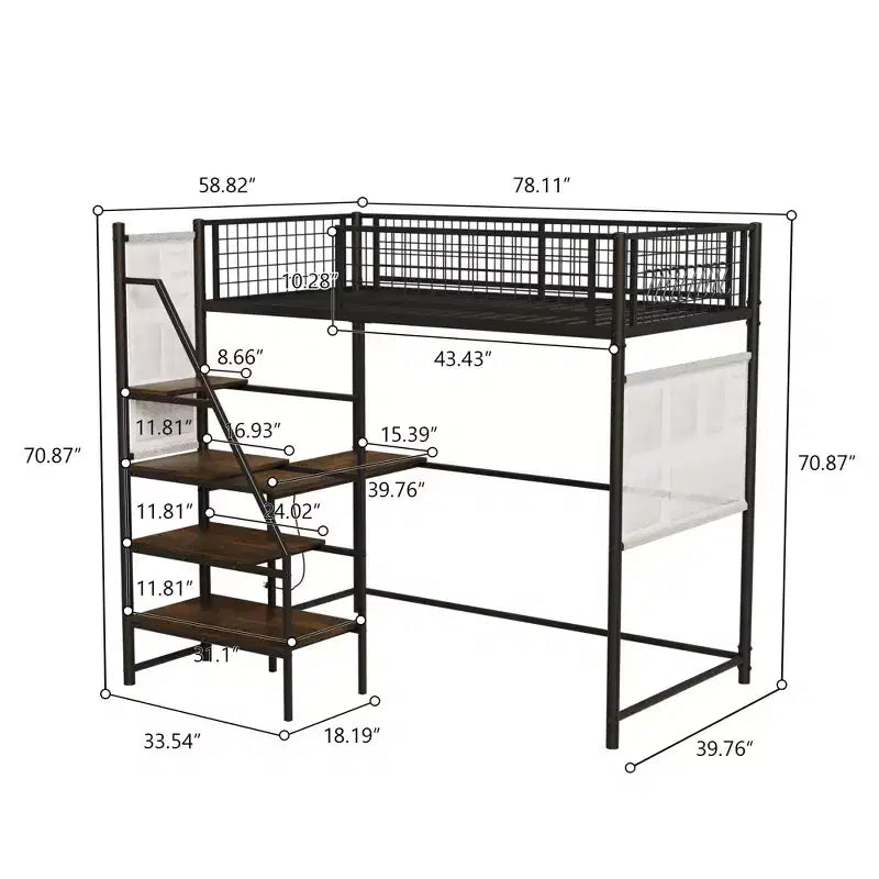 GDFStudio Holden Metal Loft Bed with Desk, Built-in Charging Station and LED Lighting