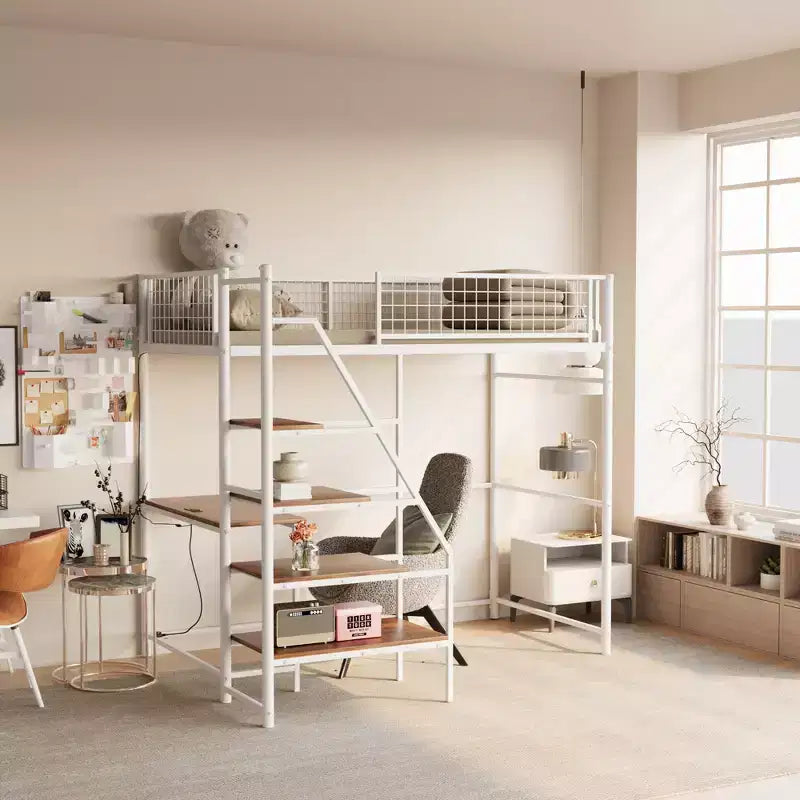 GDFStudio Holden Metal Loft Bed with Desk, Built-in Charging Station and LED Lighting