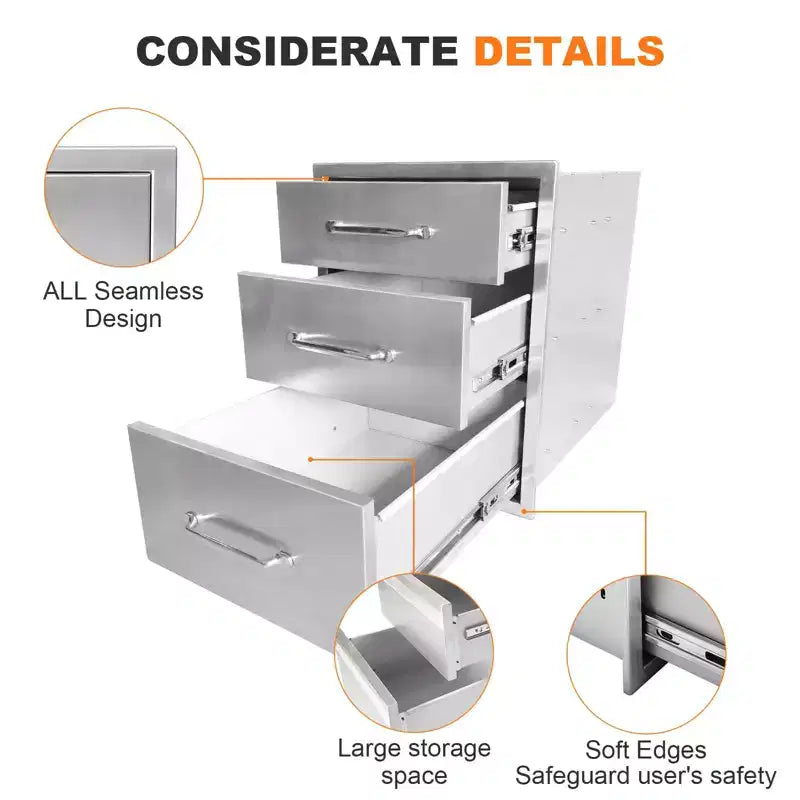 18W x 23H x 23D Inch Outdoor Kitchen Stainless Steel Double Access Drawers Combo for BBQ Island or Grill Station