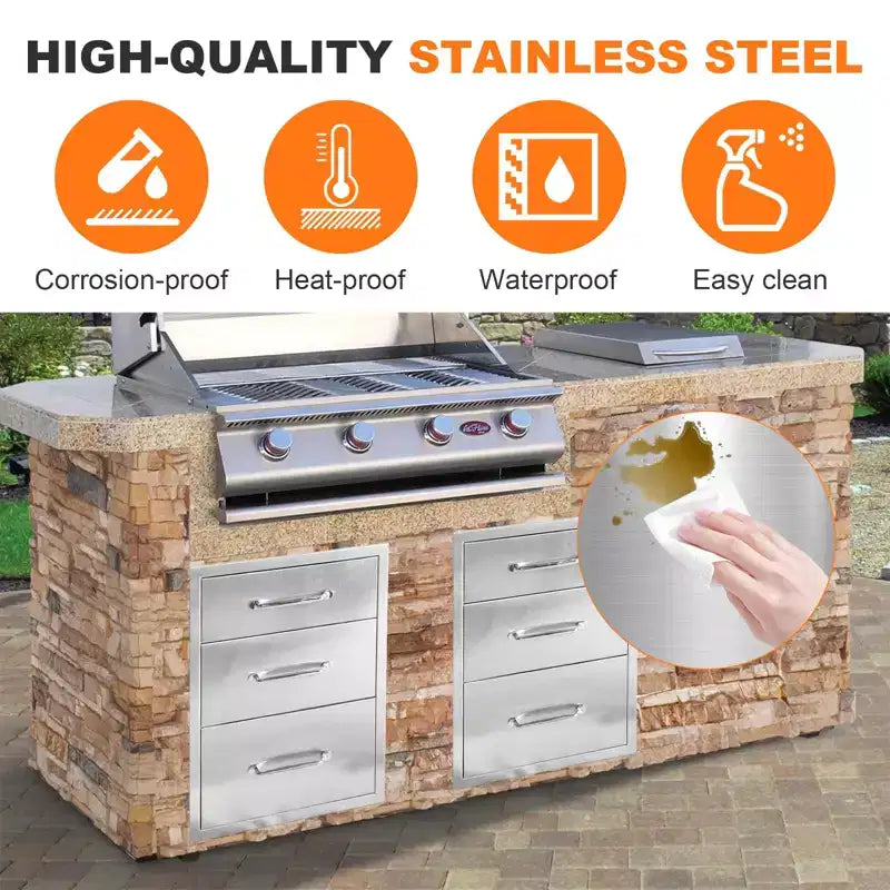 18W x 23H x 23D Inch Outdoor Kitchen Stainless Steel Double Access Drawers Combo for BBQ Island or Grill Station