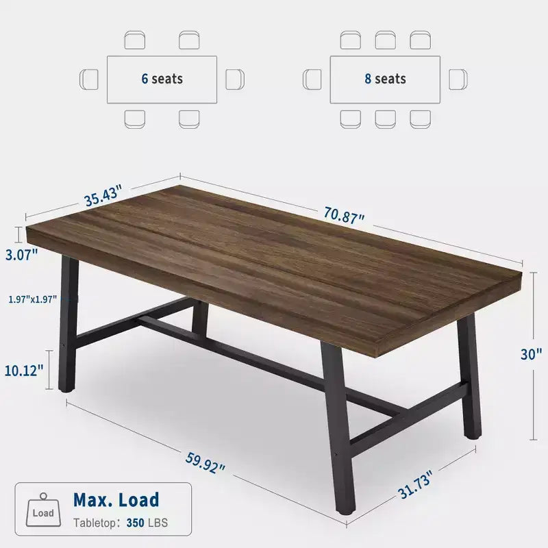 Table à manger industrielle pour 6-8 personnes, table de cuisine en bois de 180 cm de long avec cadre métallique robuste et finition marron rustique (Marron, 180 cm de long)