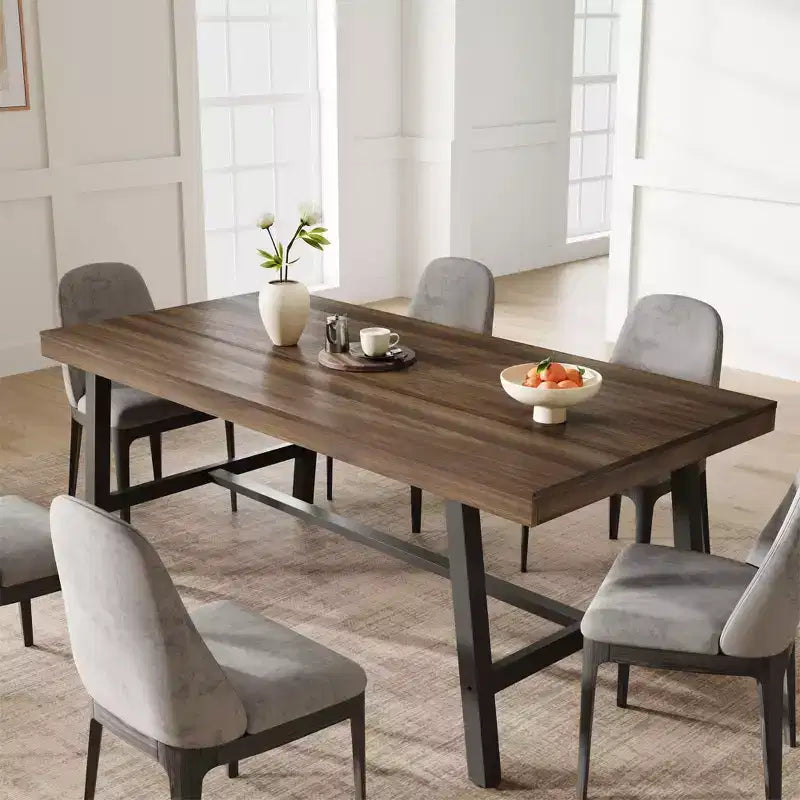 Table à manger industrielle pour 6-8 personnes, table de cuisine en bois de 180 cm de long avec cadre métallique robuste et finition marron rustique (Marron, 180 cm de long)