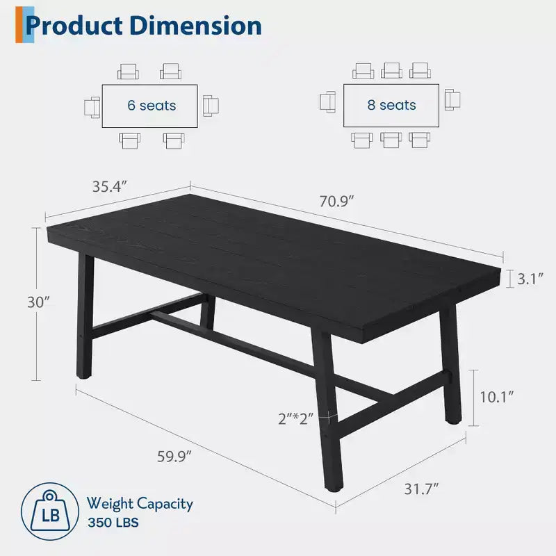 Table à manger industrielle pour 6-8 personnes, table de cuisine en bois de 180 cm de long avec cadre métallique robuste et finition marron rustique (Marron, 180 cm de long)