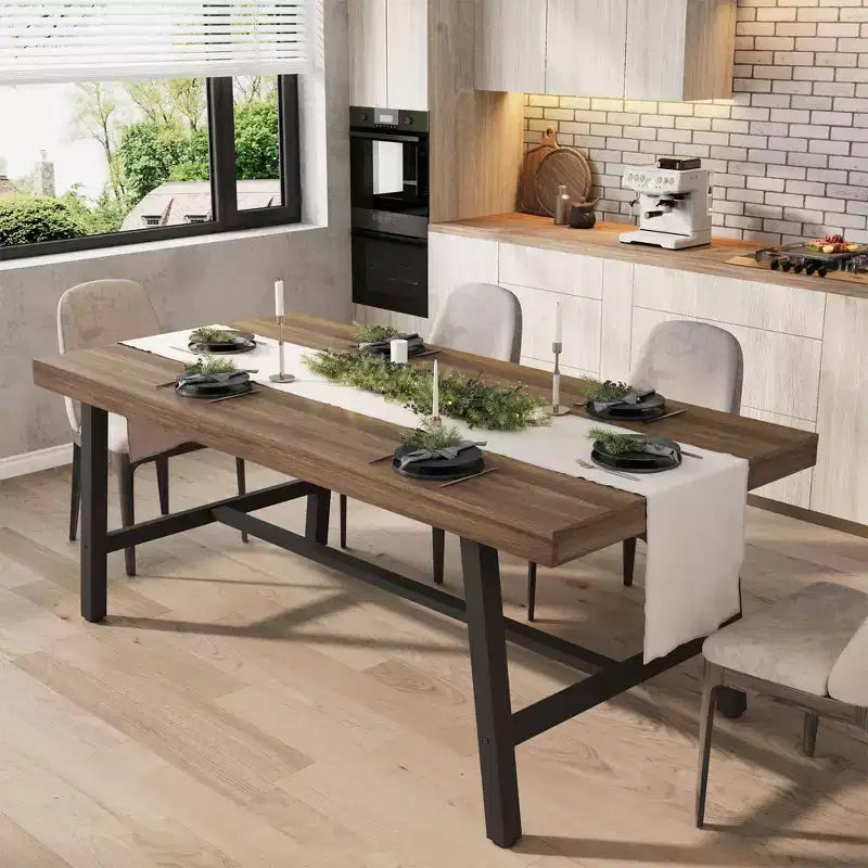 Table à manger industrielle pour 6-8 personnes, table de cuisine en bois de 180 cm de long avec cadre métallique robuste et finition marron rustique (Marron, 180 cm de long)
