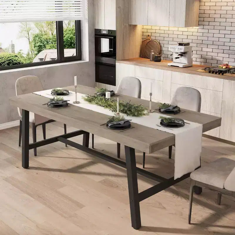 Table à manger industrielle pour 6-8 personnes, table de cuisine en bois de 180 cm de long avec cadre métallique robuste et finition marron rustique (Marron, 180 cm de long)