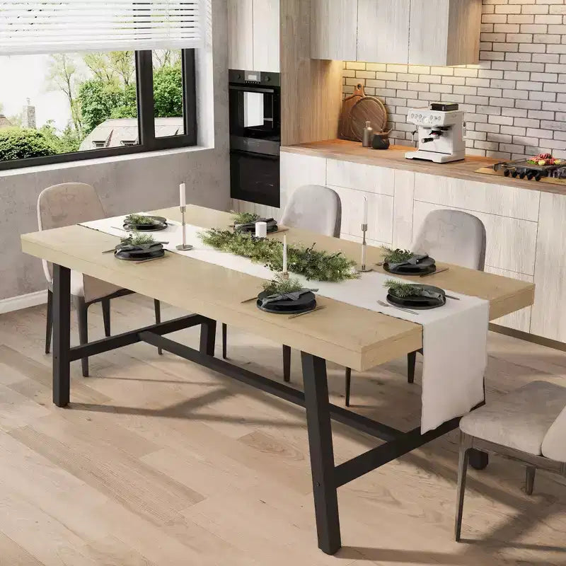 Table à manger industrielle pour 6-8 personnes, table de cuisine en bois de 180 cm de long avec cadre métallique robuste et finition marron rustique (Marron, 180 cm de long)