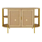 Hostack 2-Door Curved Sideboard Cabinet with Gold Trim and Woven Rattan Doors for Dining Room, Natural