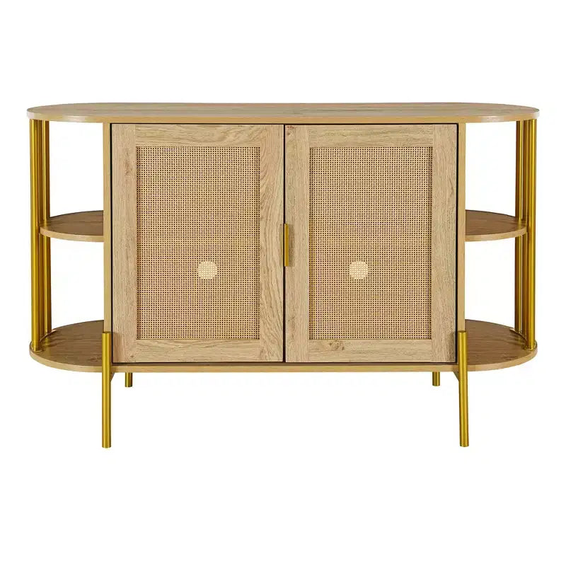 Hostack 2-Door Curved Sideboard Cabinet with Gold Trim and Woven Rattan Doors for Dining Room, Natural