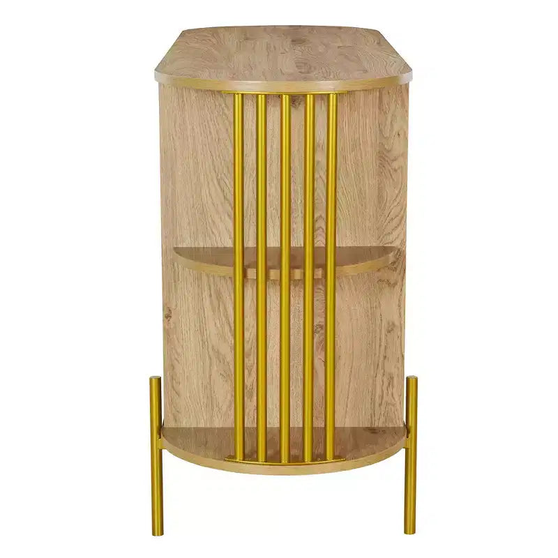 Hostack 2-Door Curved Sideboard Cabinet with Gold Trim and Woven Rattan Doors for Dining Room, Natural