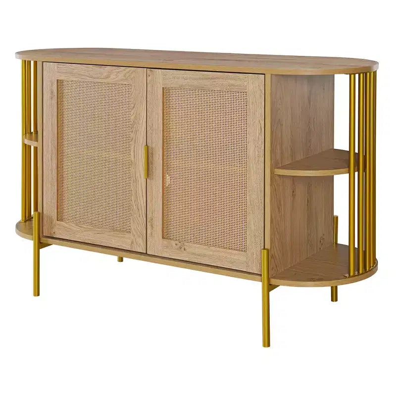 Hostack 2-Door Curved Sideboard Cabinet with Gold Trim and Woven Rattan Doors for Dining Room, Natural