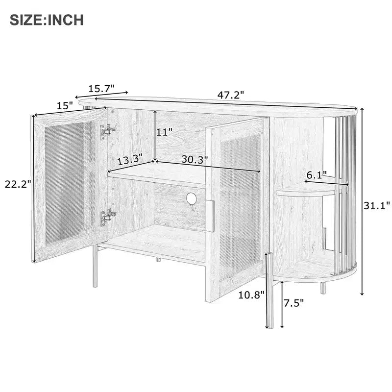 Hostack 2-Door Curved Sideboard Cabinet with Gold Trim and Woven Rattan Doors for Dining Room, Natural