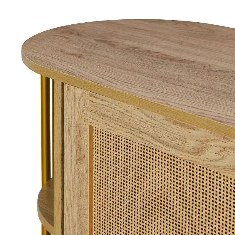 Hostack 2-Door Curved Sideboard Cabinet with Gold Trim and Woven Rattan Doors for Dining Room, Natural
