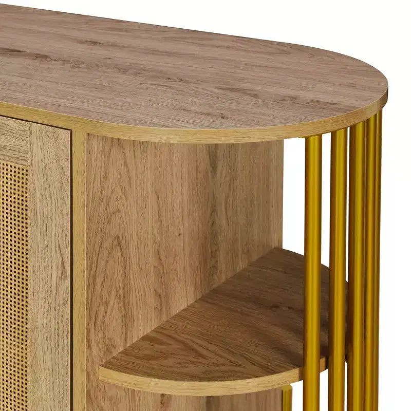 Hostack 2-Door Curved Sideboard Cabinet with Gold Trim and Woven Rattan Doors for Dining Room, Natural