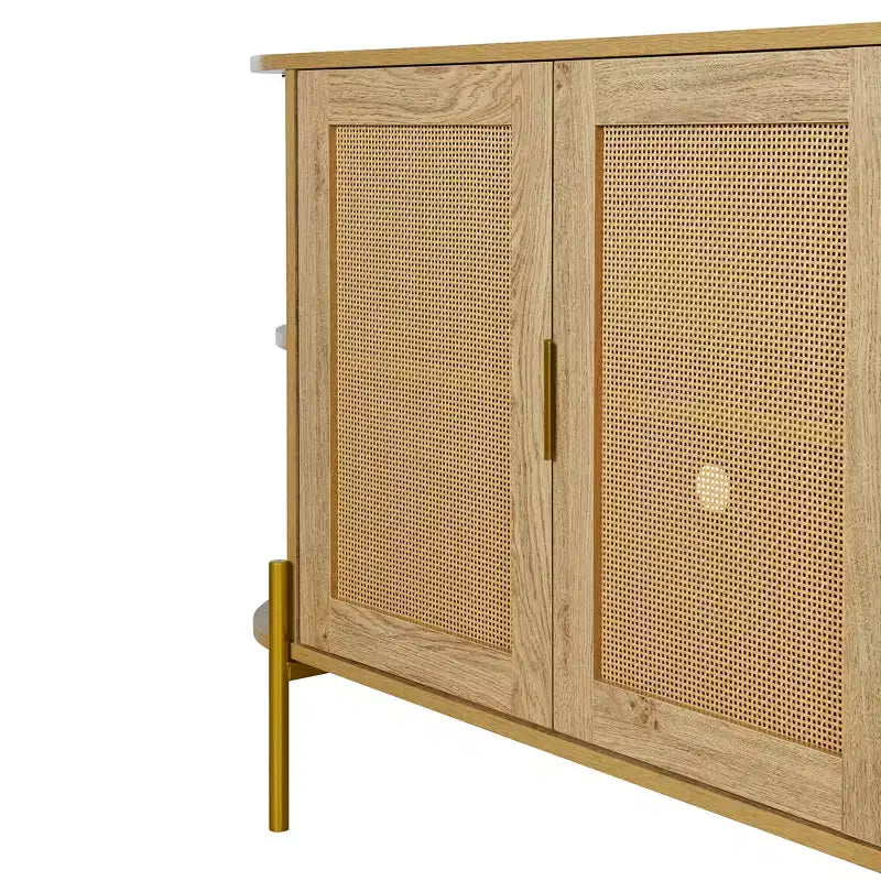 Hostack 2-Door Curved Sideboard Cabinet with Gold Trim and Woven Rattan Doors for Dining Room, Natural