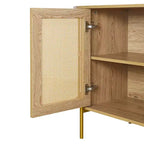 Hostack 2-Door Curved Sideboard Cabinet with Gold Trim and Woven Rattan Doors for Dining Room, Natural