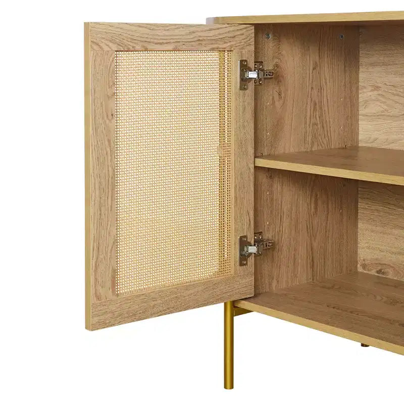 Hostack 2-Door Curved Sideboard Cabinet with Gold Trim and Woven Rattan Doors for Dining Room, Natural