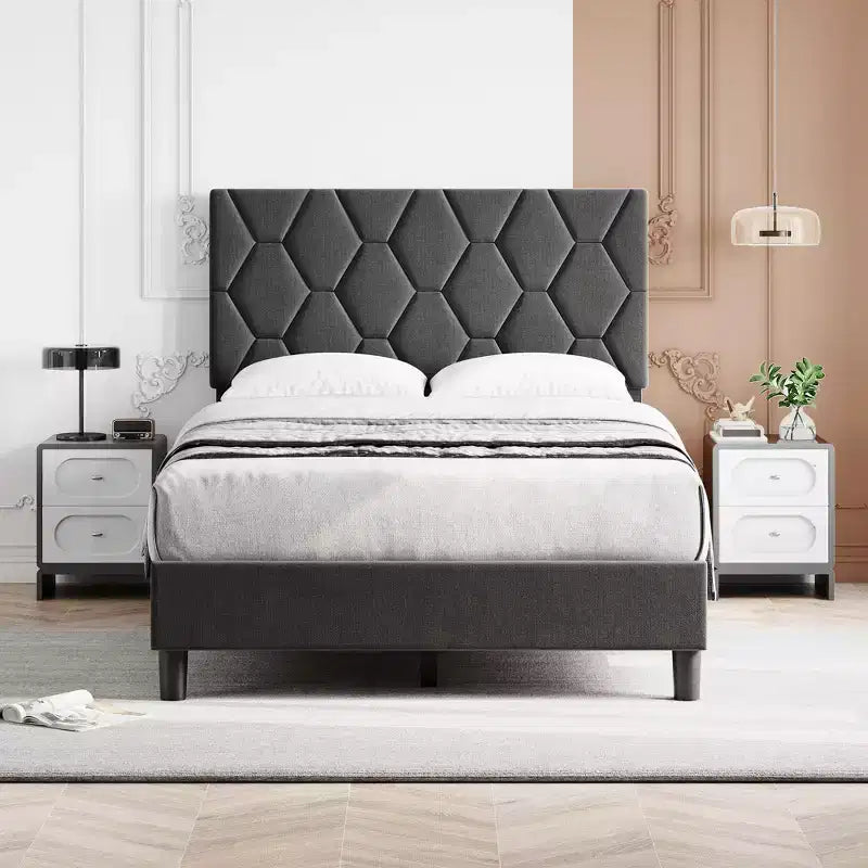 Bed Frame, Twin Size Upholstered Platform Bed with Headboard - Wood Slats Support, No Box Spring Needed, Noise Free, Easy Assembly
