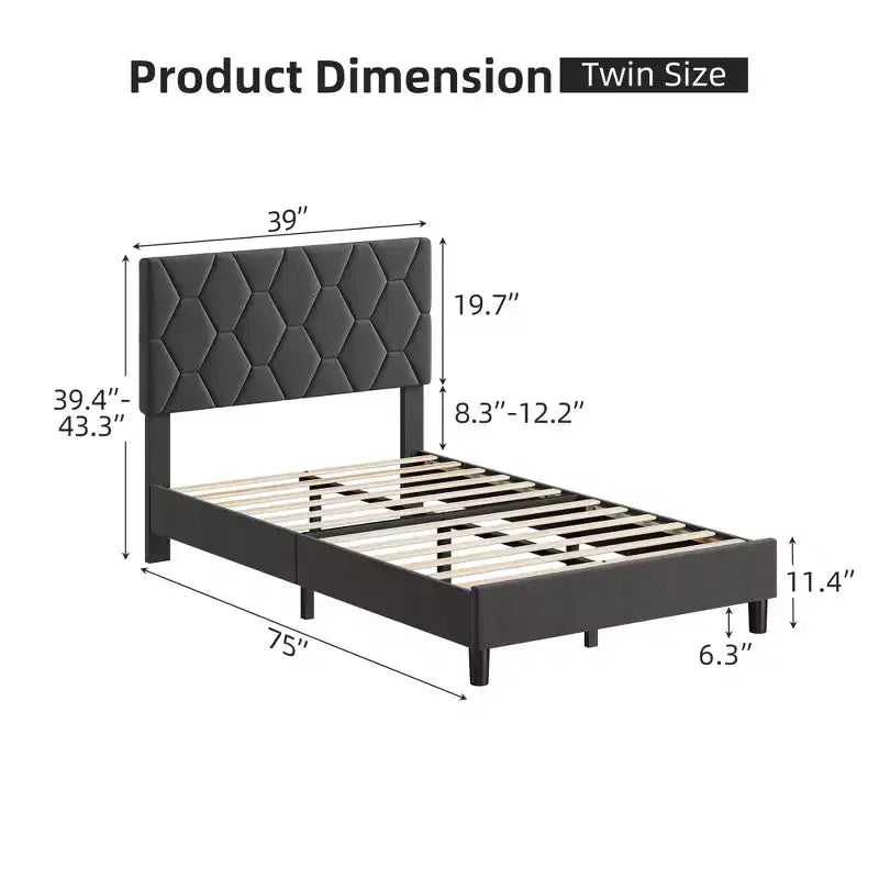 Bed Frame, Twin Size Upholstered Platform Bed with Headboard - Wood Slats Support, No Box Spring Needed, Noise Free, Easy Assembly