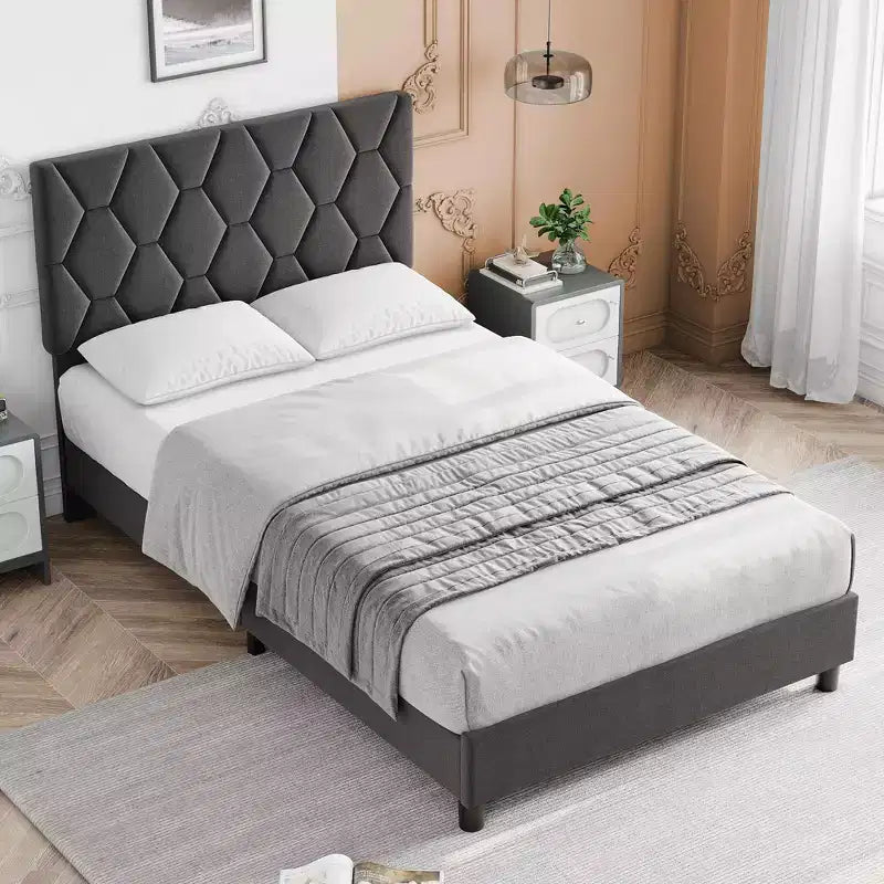 Bed Frame, Twin Size Upholstered Platform Bed with Headboard - Wood Slats Support, No Box Spring Needed, Noise Free, Easy Assembly