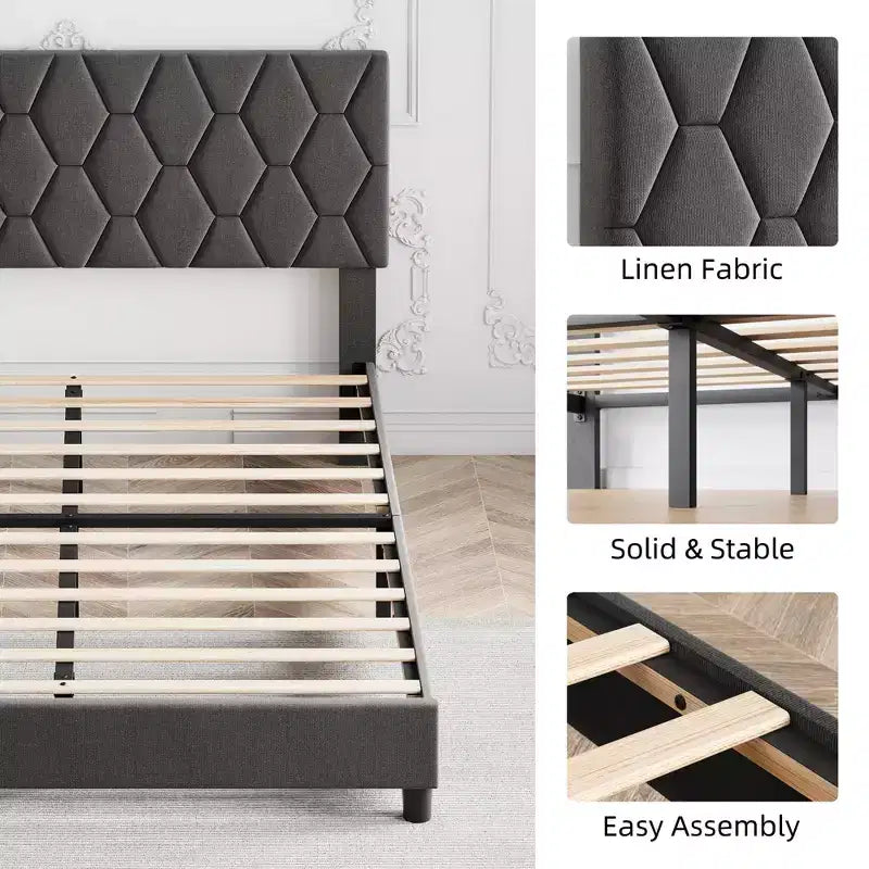 Bed Frame, Twin Size Upholstered Platform Bed with Headboard - Wood Slats Support, No Box Spring Needed, Noise Free, Easy Assembly