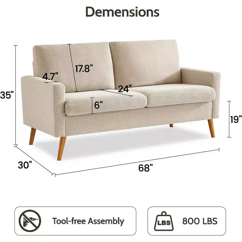 Canapé Dyonery 68 places, petit canapé moderne du milieu du siècle pour le salon, canapé 2 places en tissu de lin avec coussin profond, cadre en bois massif