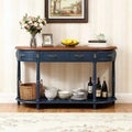 Hostack 52'' Retro Curved Wood Console Table with Open Shelf and 2 Drawers for Living Room and Hallway, Navy Blue and Brown Top