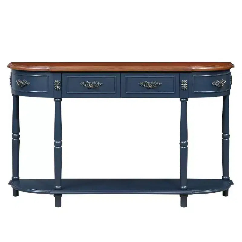 Hostack 52'' Retro Curved Wood Console Table with Open Shelf and 2 Drawers for Living Room and Hallway, Navy Blue and Brown Top