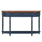 Hostack 52'' Retro Curved Wood Console Table with Open Shelf and 2 Drawers for Living Room and Hallway, Navy Blue and Brown Top