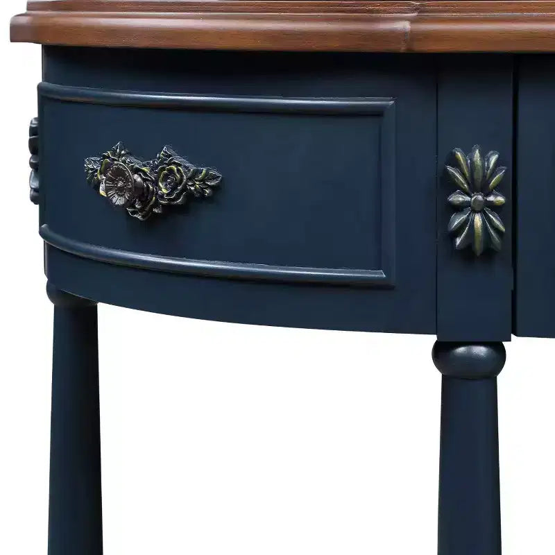 Hostack 52'' Retro Curved Wood Console Table with Open Shelf and 2 Drawers for Living Room and Hallway, Navy Blue and Brown Top