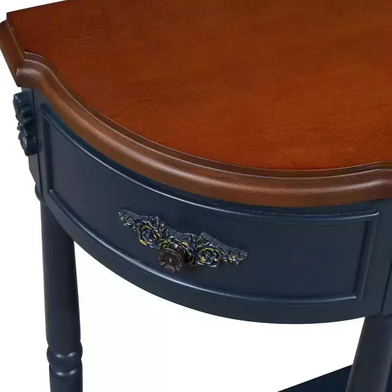Hostack 52'' Retro Curved Wood Console Table with Open Shelf and 2 Drawers for Living Room and Hallway, Navy Blue and Brown Top