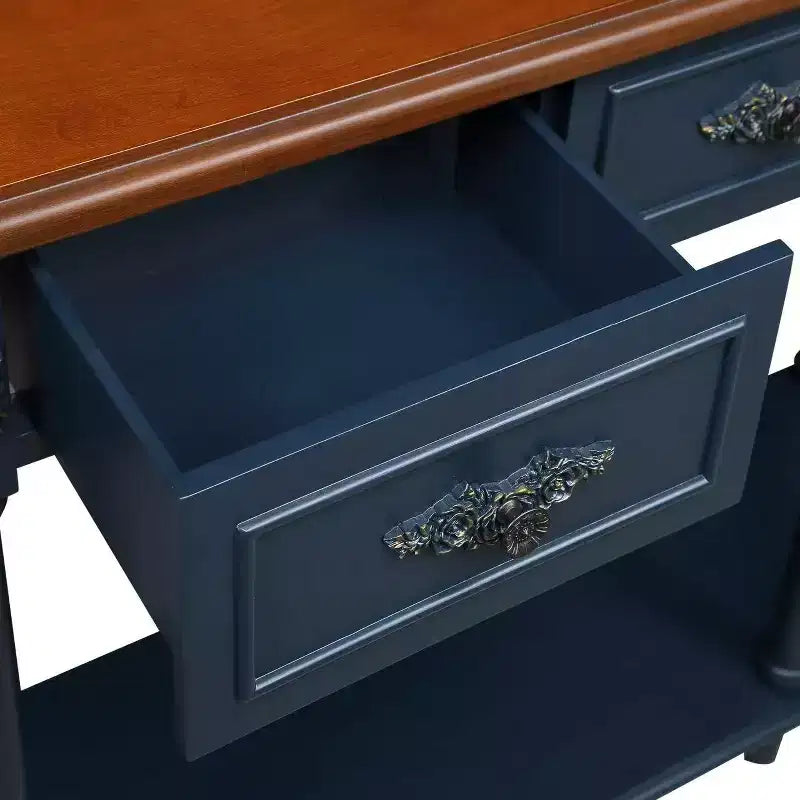 Hostack 52'' Retro Curved Wood Console Table with Open Shelf and 2 Drawers for Living Room and Hallway, Navy Blue and Brown Top