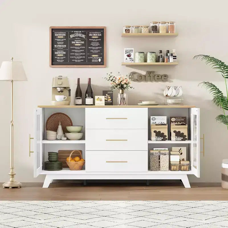 COZONY Buffet Moderne avec Portes en Verre Rainuré et 3 Tiroirs, Étagère Réglable, Console pour Salle à Manger ou Salon