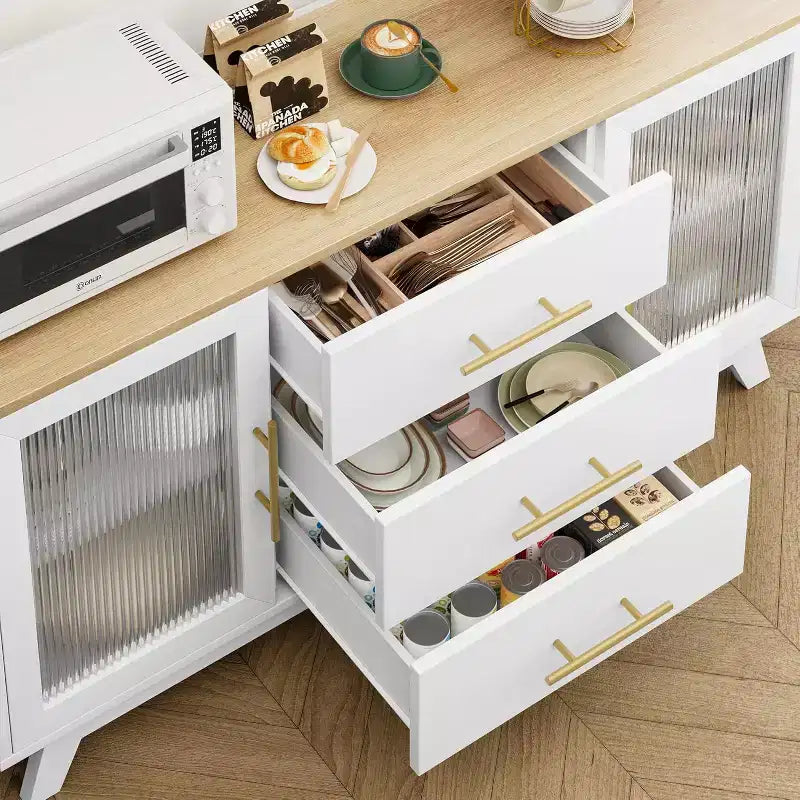 COZONY Buffet Moderne avec Portes en Verre Rainuré et 3 Tiroirs, Étagère Réglable, Console pour Salle à Manger ou Salon