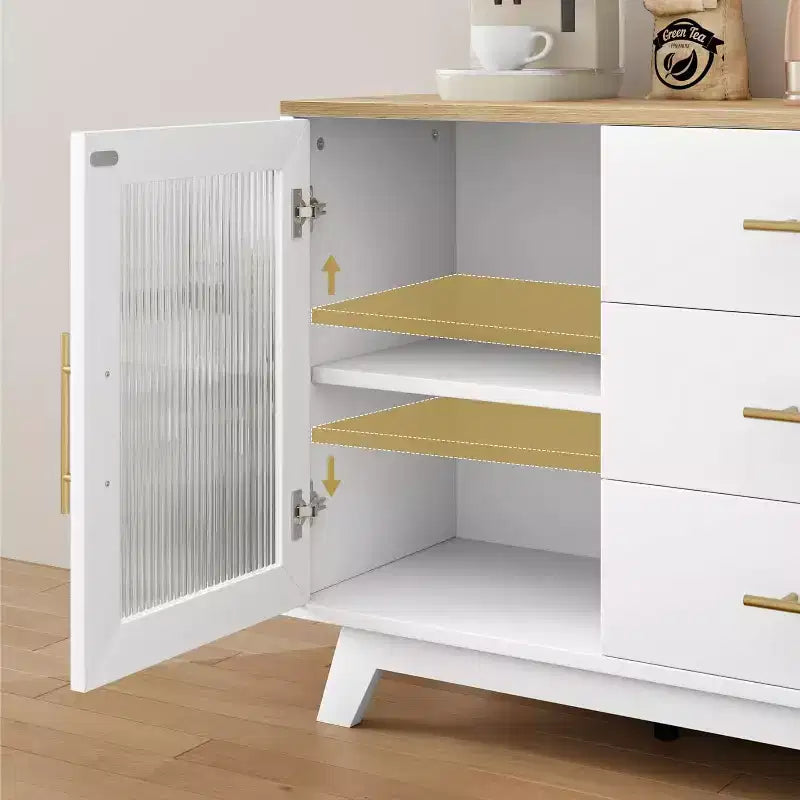 COZONY Buffet Moderne avec Portes en Verre Rainuré et 3 Tiroirs, Étagère Réglable, Console pour Salle à Manger ou Salon