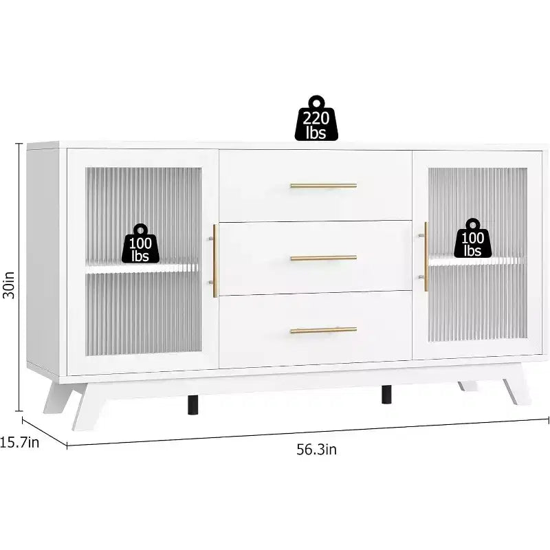 COZONY Buffet Moderne avec Portes en Verre Rainuré et 3 Tiroirs, Étagère Réglable, Console pour Salle à Manger ou Salon