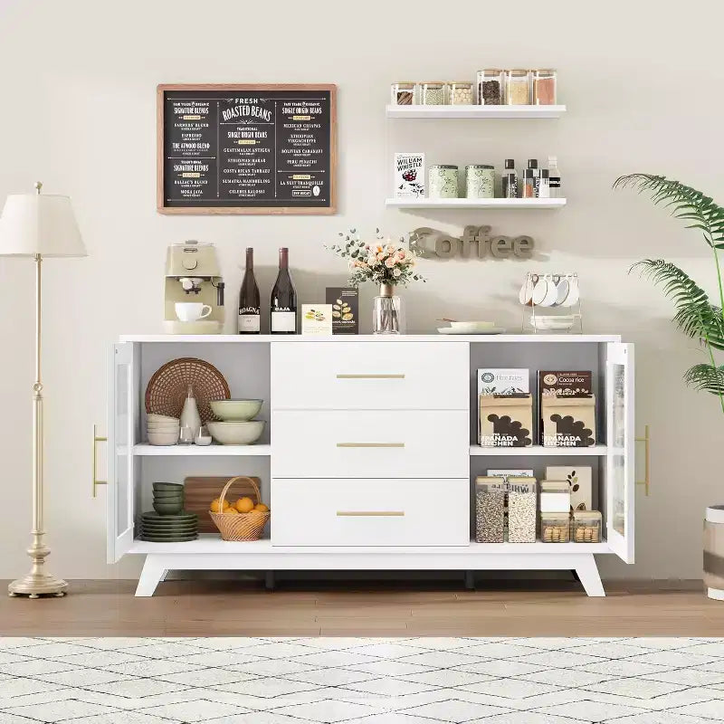 COZONY Buffet Moderne avec Portes en Verre Rainuré et 3 Tiroirs, Étagère Réglable, Console pour Salle à Manger ou Salon